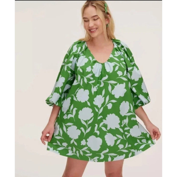 Kate Spade Classic Rose Poplin Long Sleeve Mini Dress Green Blue Small NWT - Picture 2 of 8